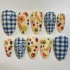 24PCS Sweet Almond Fake Nails Blue White Checkered Pattern with Fruit Bow French Press On Nails Full Cover Wearable False Nails