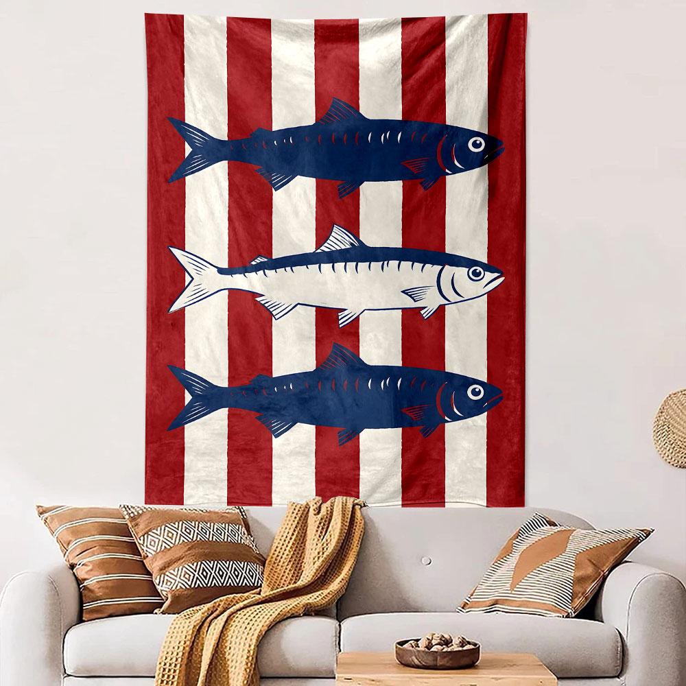 Striped Pattern with Blue Fish Illustration Patterned Tapestry Decorative Wall Hanging, Home Bedroom Living Room Decor
