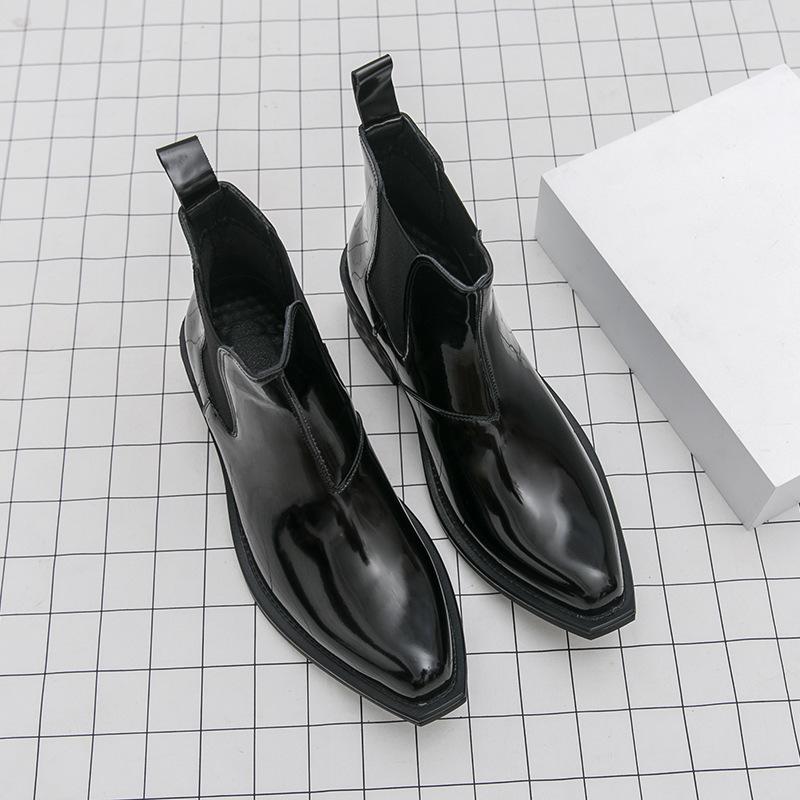 

Британский стиль, маленькие квадратные носы, ботинки челси, мужские ботинки средней высоты, персонализированная черная кожаная обувь, ботинки Мартина на высоком каблуке 38