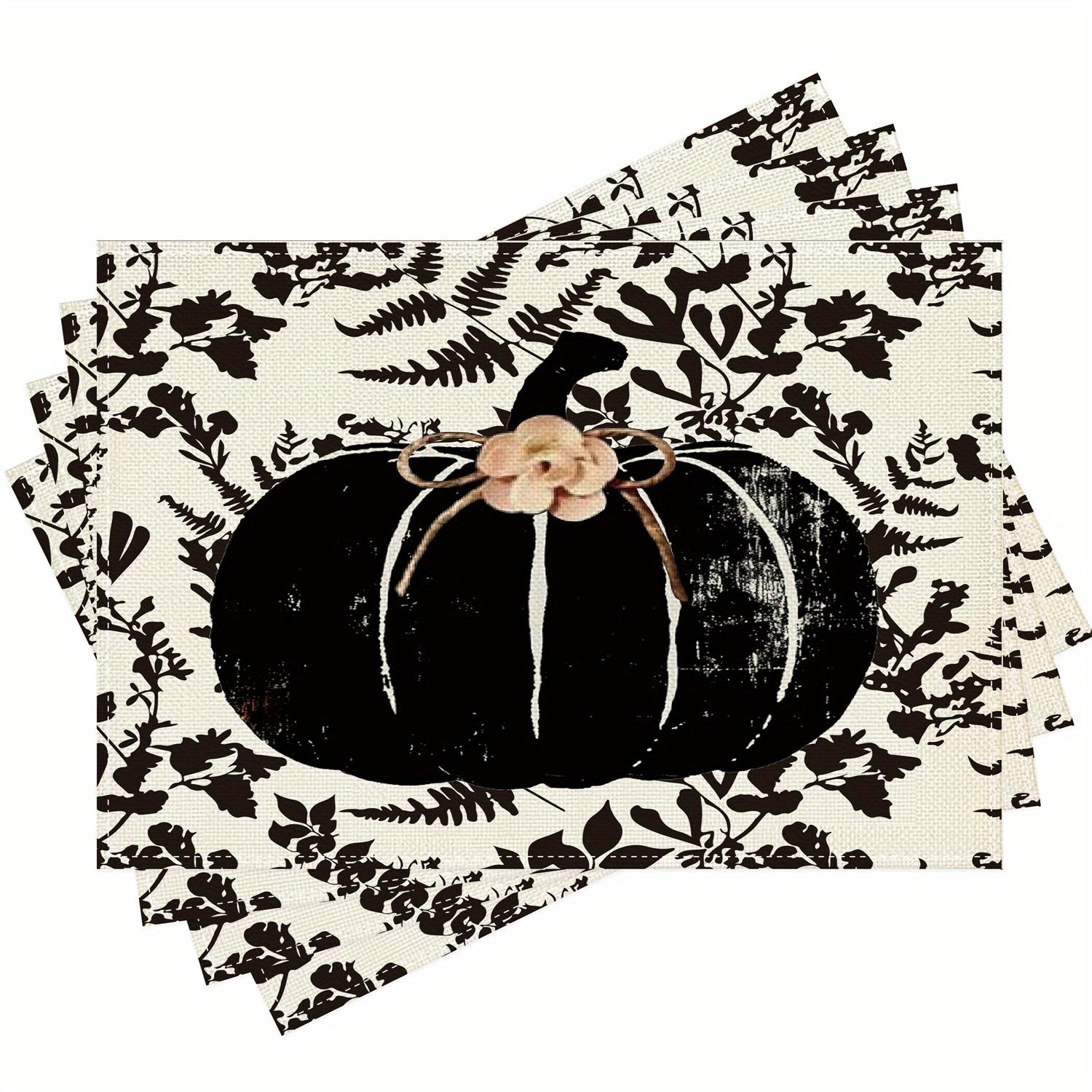 

4/6pcs Autumn Pumpkin & Floral Silhouette Placemats - 11.81x17.72inch, Beige Background with Black Pumpkin & Light Flowers 30x45cm-4PC