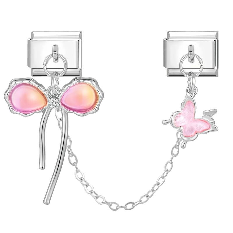 Y2K Zircon Moon Bow Star Pink Heart Tassel Chain Italian Charm Links Fit 9MM Stainless Steel Bracelet Women DIY Making Jewelry