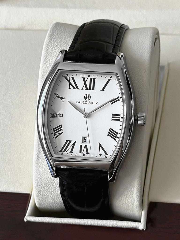 Pablo Raez Barrel Watch: Waterproof Leather Strap, Calendar, Casual Men's Style.