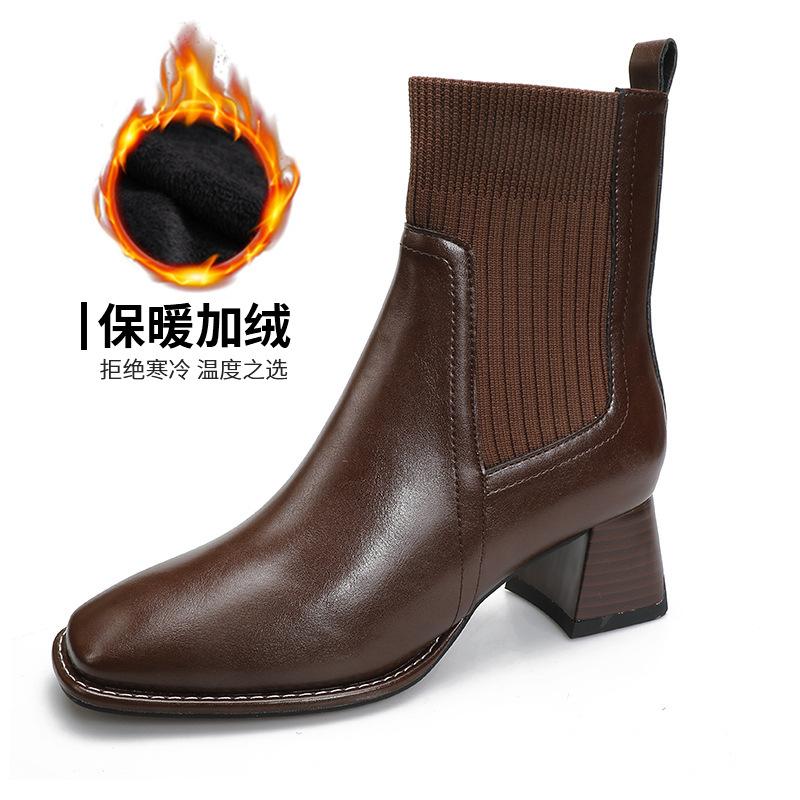 British style 2024 new women's boots thick heel square head short boots high heel soft leather boots elastic boots medium heel spring and autumn sing