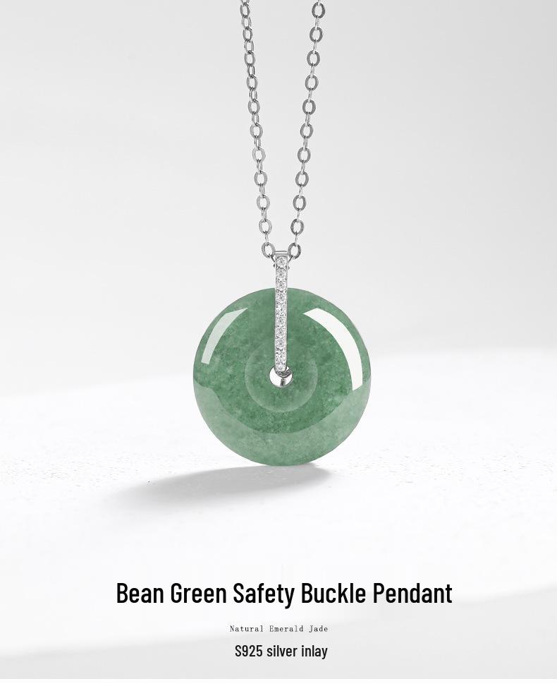 A-Grade Natural Jade Bean Green Ping'an Buckle Pendant with S925 Silver Necklace for Women.