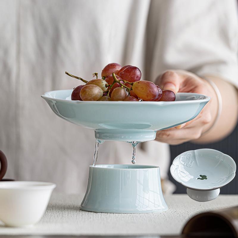 Chinese Ceramic High Foot Fruit Plate Zen Tea Snack Dish Buddhist Offering Tray
