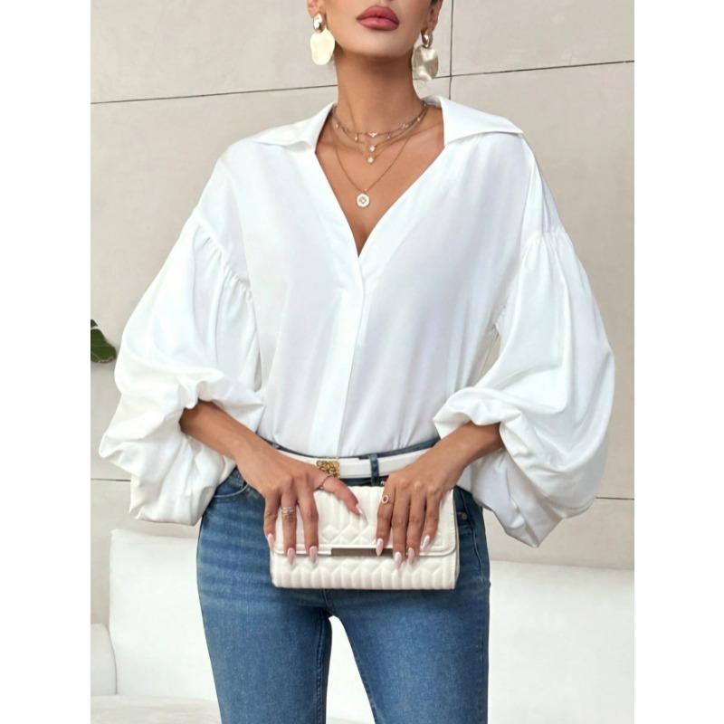 Elegante Blusa da Donna a Pois Larga con Scollo Semiaperto Top Casual a Maniche Lunghe Scollo a V Primavera Autunno Stampata Dolci Camicie Semplici da Ufficio per Signore