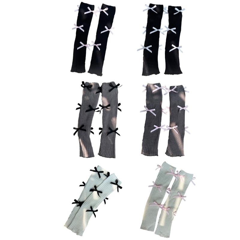 Women Japanese Style JK Girl Ribbed Knitted Leg Warmers Cute Small Bowknot Ruffled Hem Boot Cuffs Leg Cover Long Socks