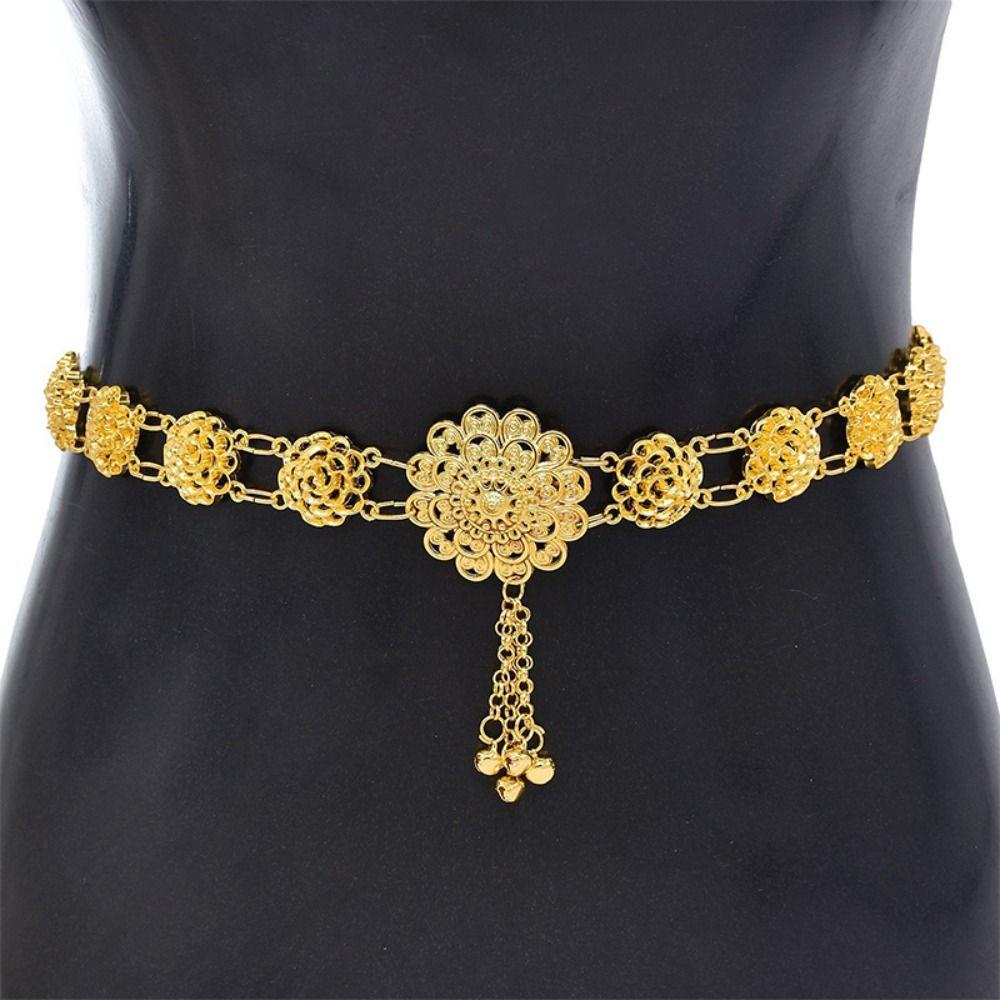 Silver Ethnic Style Belt Bell Dance Dress Belt Chains Flower Metal Waist Chain  Festival Accessory