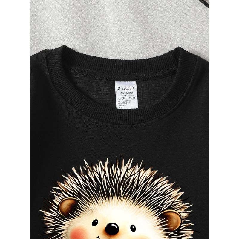 European Sizes Kids Sweatshirts, Girls' Autumn Winter Cute Hedgehog Cartoon Print Long Sleeve Round Neck Sweatshirt, Casual Daily Wear.