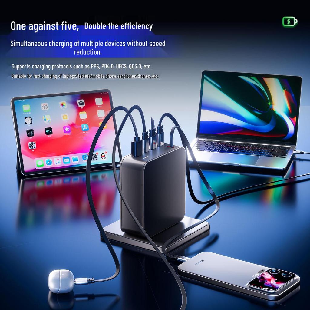 GaN Multi-Port Fast Charger with Retractable Cable for Huawei, Apple & Android Devices.