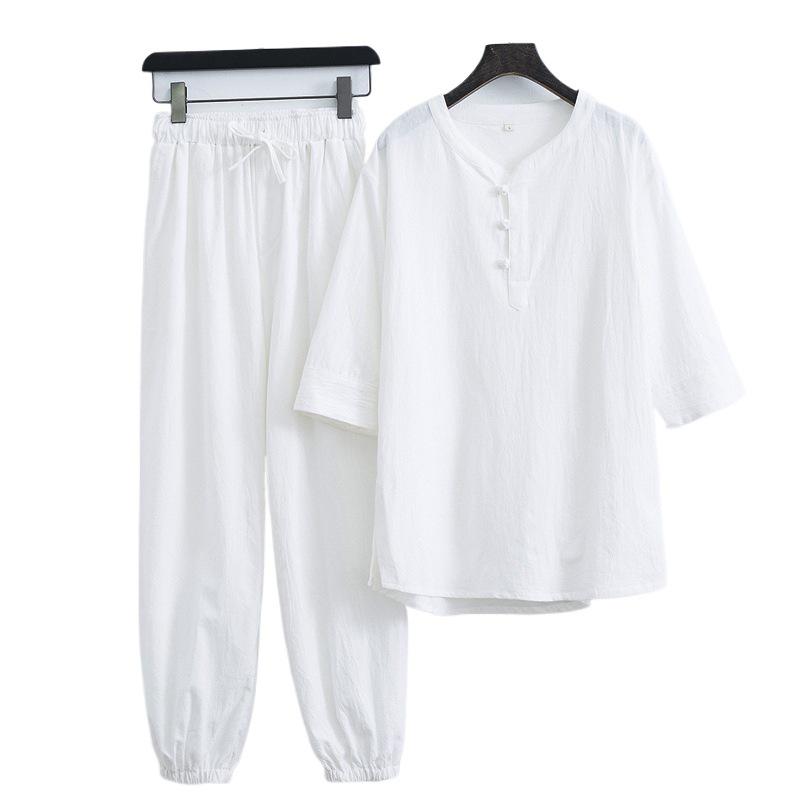 Herren Sommer Baumwolle Leinen Chinesischer Stil Froschknopf Halber Ärmel Tang Anzug Set