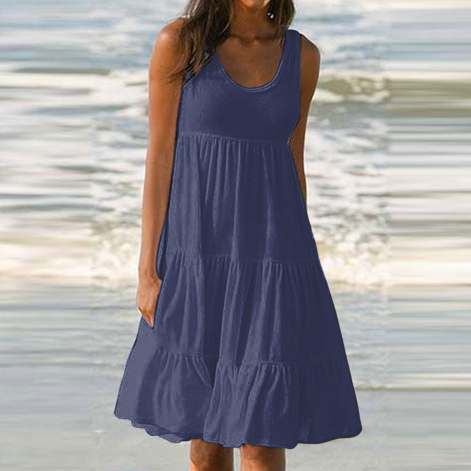 

Женские платья-жилеты Лето-весна Плиссированные богемные платья Симпатичные струящиеся пляжные платья без рукавов Прямая футболка Платья-майки Платья с круглым вырезом XXXL