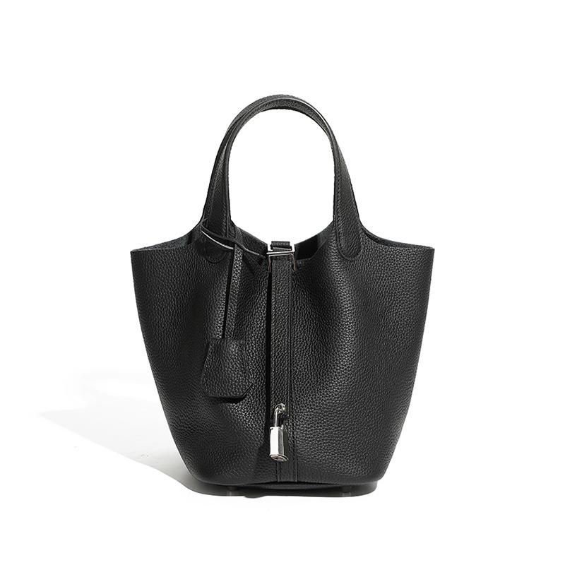 Sac pour femme en cuir véritable Sac panier de légumes Sac à main à la mode, Sac seau motif litchi Sac pour femme