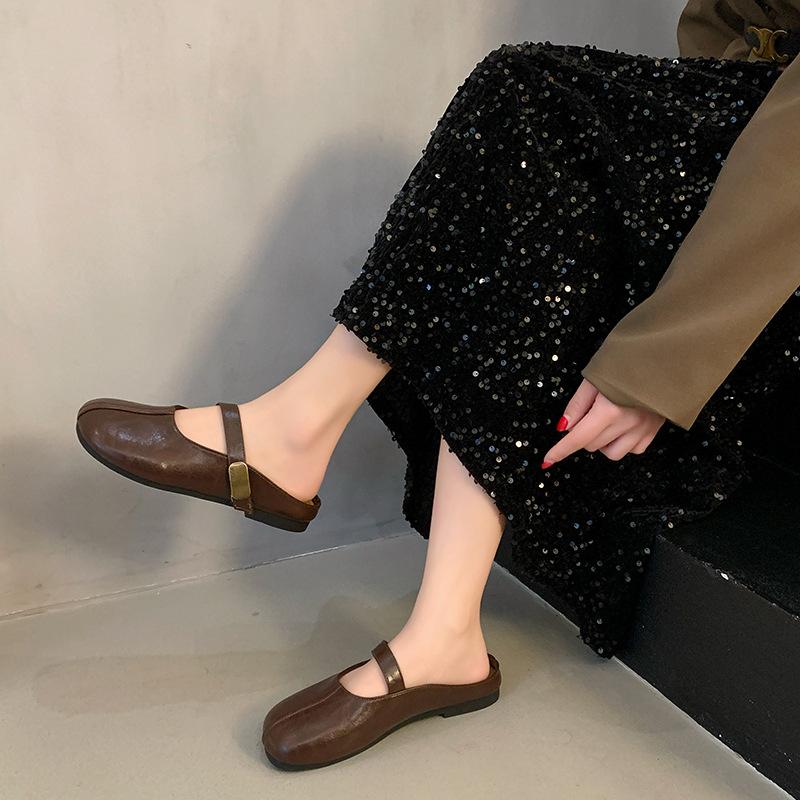 2025 Frühling und Herbst neue Retro Mary Jane Ballerinas Damen vielseitige weichsohlige Klettverschluss Mango Kopf Slipper