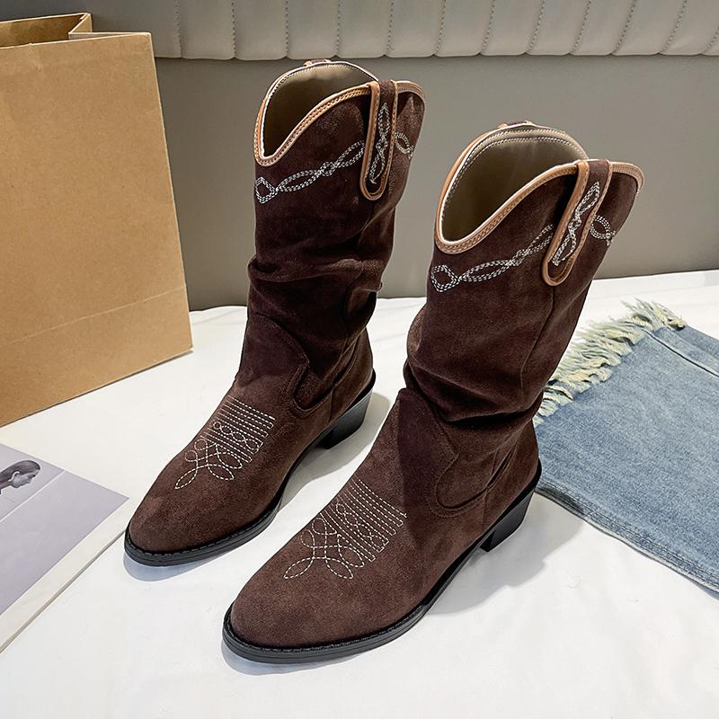 

Новые ретро-ботинки средней длины с вышивкой, ковбойские сапоги в стиле вестерн, рыцарские сапоги с V-образным вырезом для женщин 40 коричневый