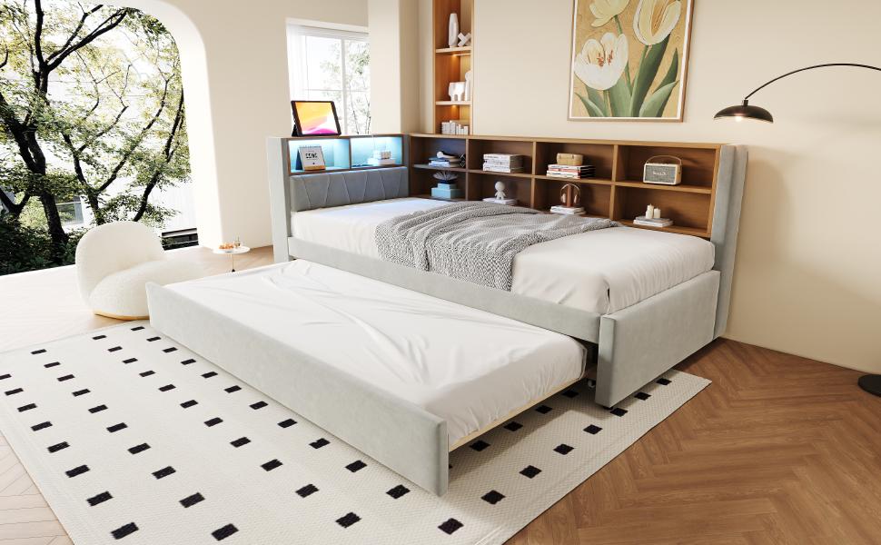 Schlafsofa 90*200, Ausziehbares Bett 90*190, Ausgestattet mit LED-Leuchten, Steckdosen und vielen Staufächern, Flanell, Hellgrau.