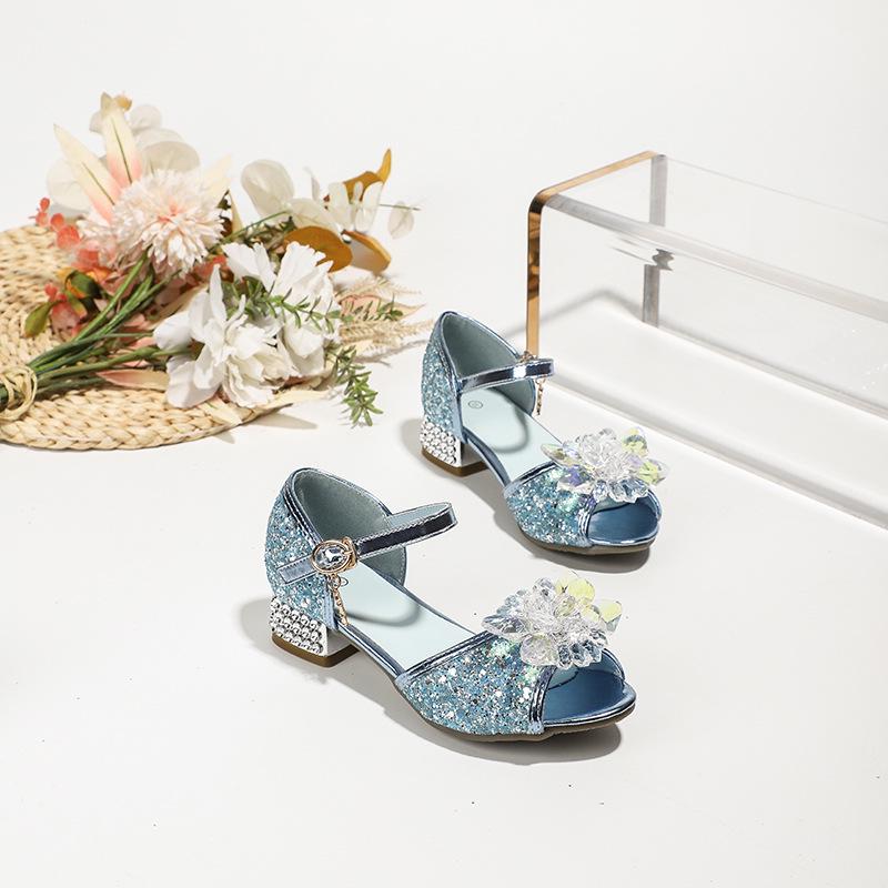 Girls' Crystal High-Heeled Sandals - Elsa Princess Style for Summer 2024