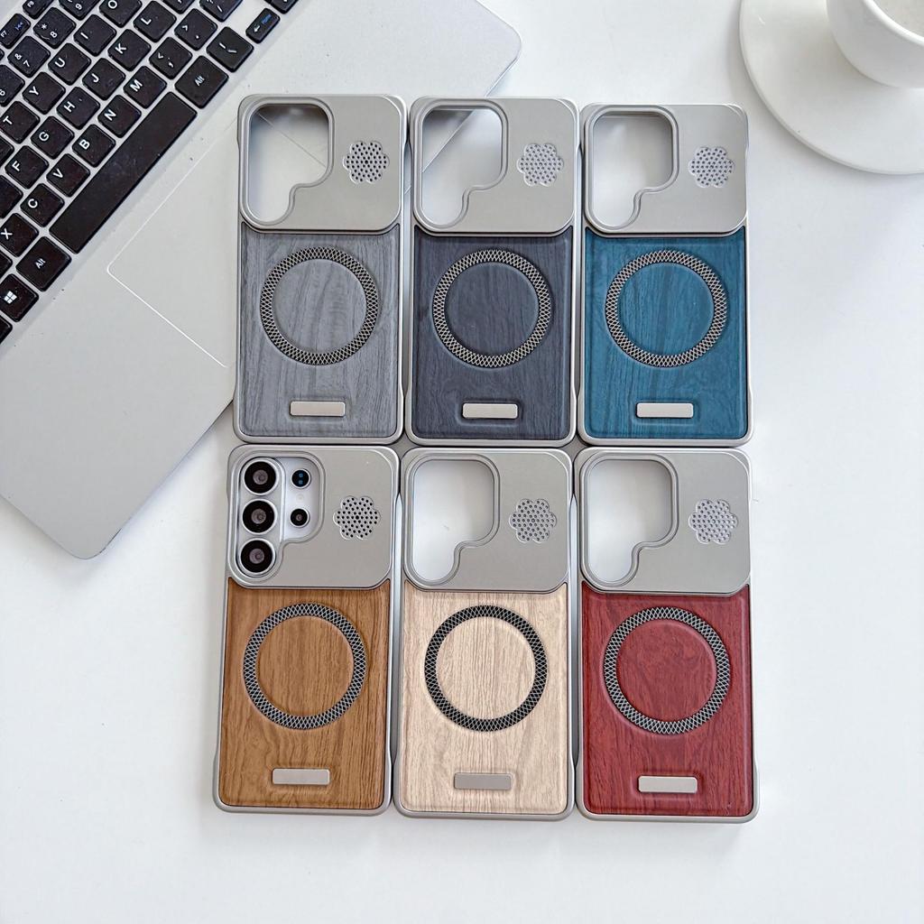 Samsung 24 Ultra Magnetic Wood Grain Metal Protective Case - Borderless PC Hard Shell Cover