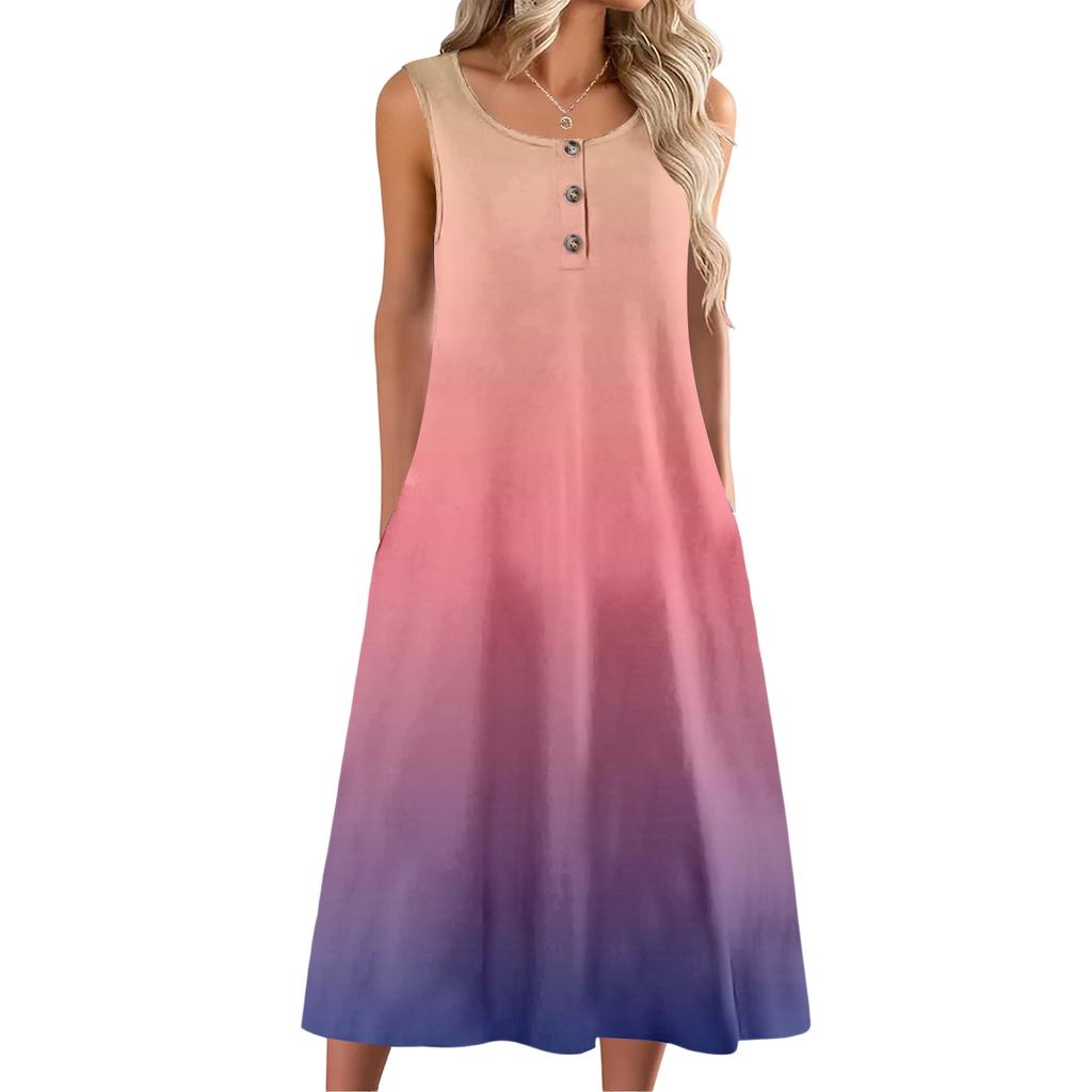 Women's fashion with pocket casual sleeveless button gradient dress