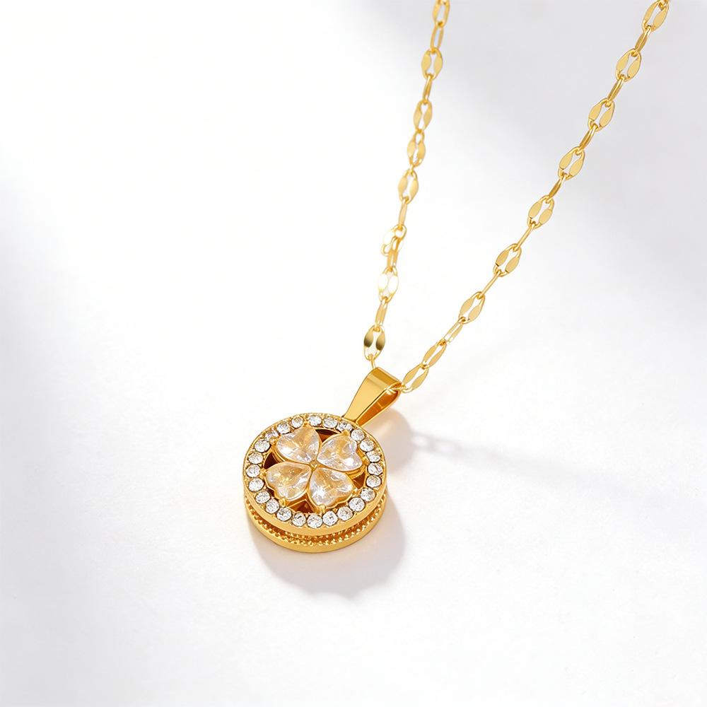 Light Luxury Niche Necklace Does Not Fade Round Love Rotatable Diamond-encrusted Four-leaf Clover Necklace Women's Jewelry