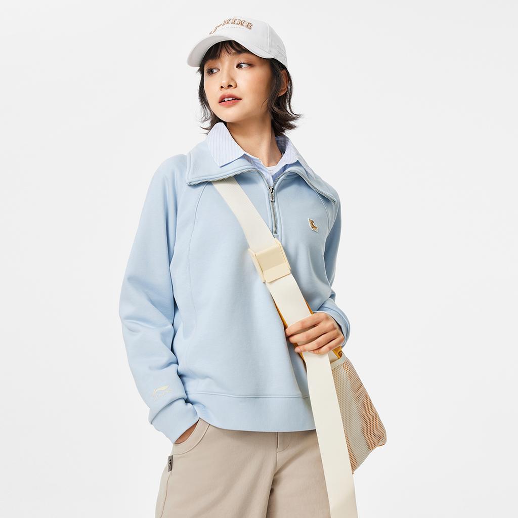 Li-Ning Solid Color Half-Zip Polo Long Sleeve Sweatshirt Women Sweatshirt Cloud-Blue AWDU982-2