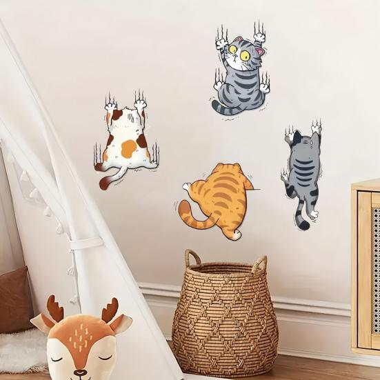 Cartoon Kratzende Katze Wandaufkleber Lustiger 4 Kletternde Katzen Aufkleber Niedlicher Katzen Stoßstangenaufkleber für Auto LKW Motorrad Wand Fenster Dekor