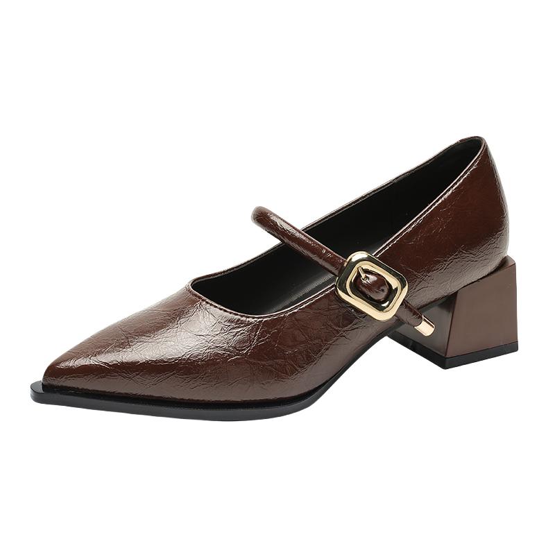 Retro mid-length single shoes spring and summer new fashion belt buckle pointed toe comfortable shallow toe leather shoes
