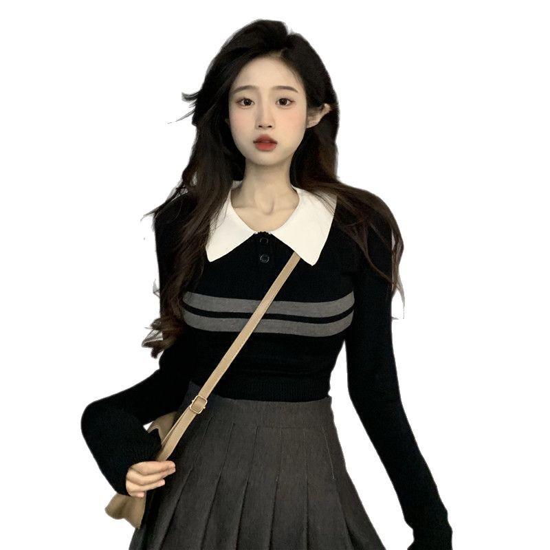 Damen Herbst Slim Fit Colorblock Gestreifter Pullover mit Polokragen