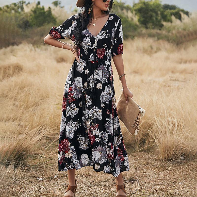 2023 Summer New Sexy Printed Bohemian Dress with Waistline Slimming Women's Clothing