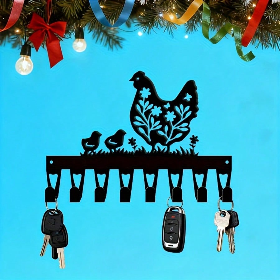 Farmhouse Chicken Wall Hook 8 Hooks Heavy Wrought Iron Rustic Decor Gift