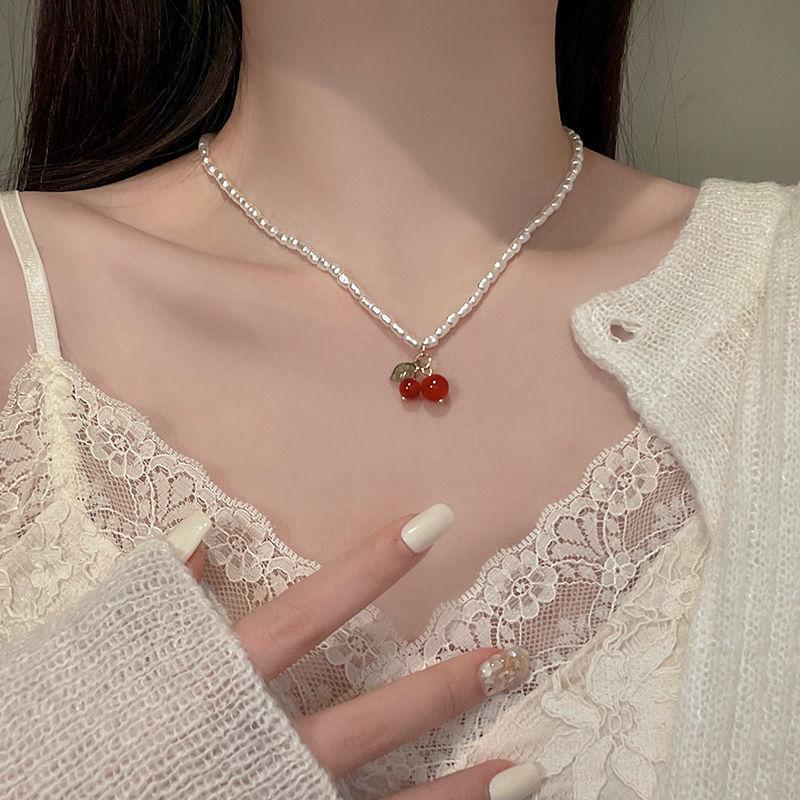 New, retro red rose imitation pearl necklace fringed chain with diamonds women's necklace pearl series