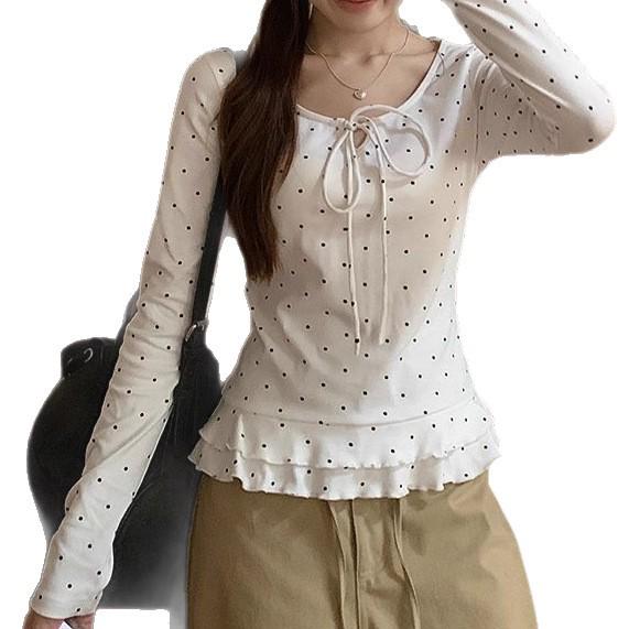 De Róng Women s French Polka Dot Slim Fit Long Sleeve Bow Tie T-shirt Small