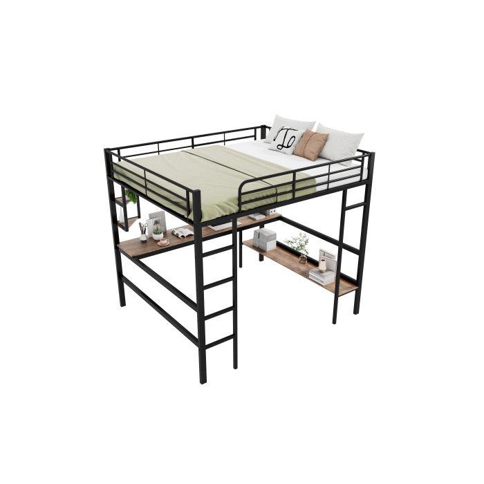 Hochbett, Metallbett mit Rahmen 140x200 cm, Eisenbett mit Schreibtisch, ohne Matratze, schwarz