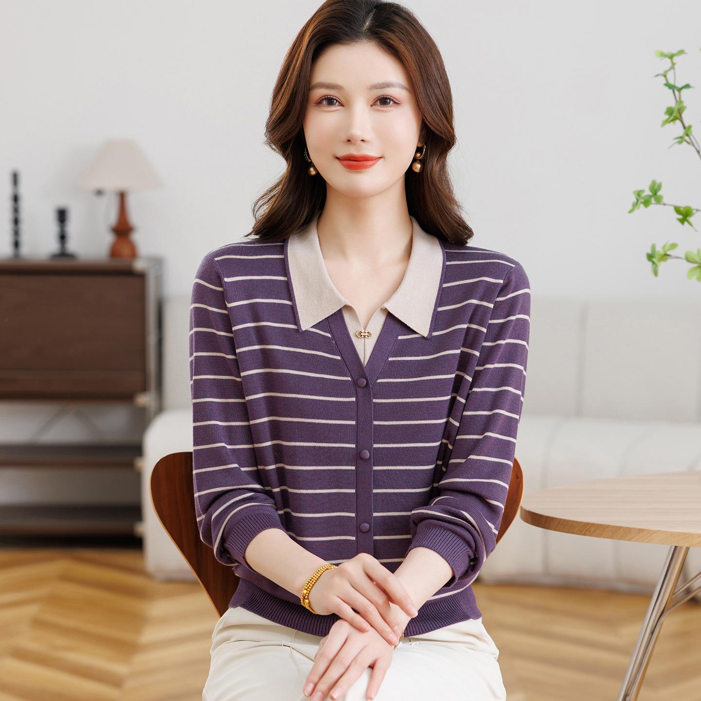 

Spring Fashion Striped Wool Knit Sweater for Middle-Aged and Elderly Women 2XL (Recommended 120-135 jin) фиолетовый