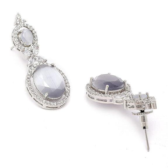 Silver-Plated American Diamond studded Oval Shaped Drop Earrings Jewellery For Girls and Women