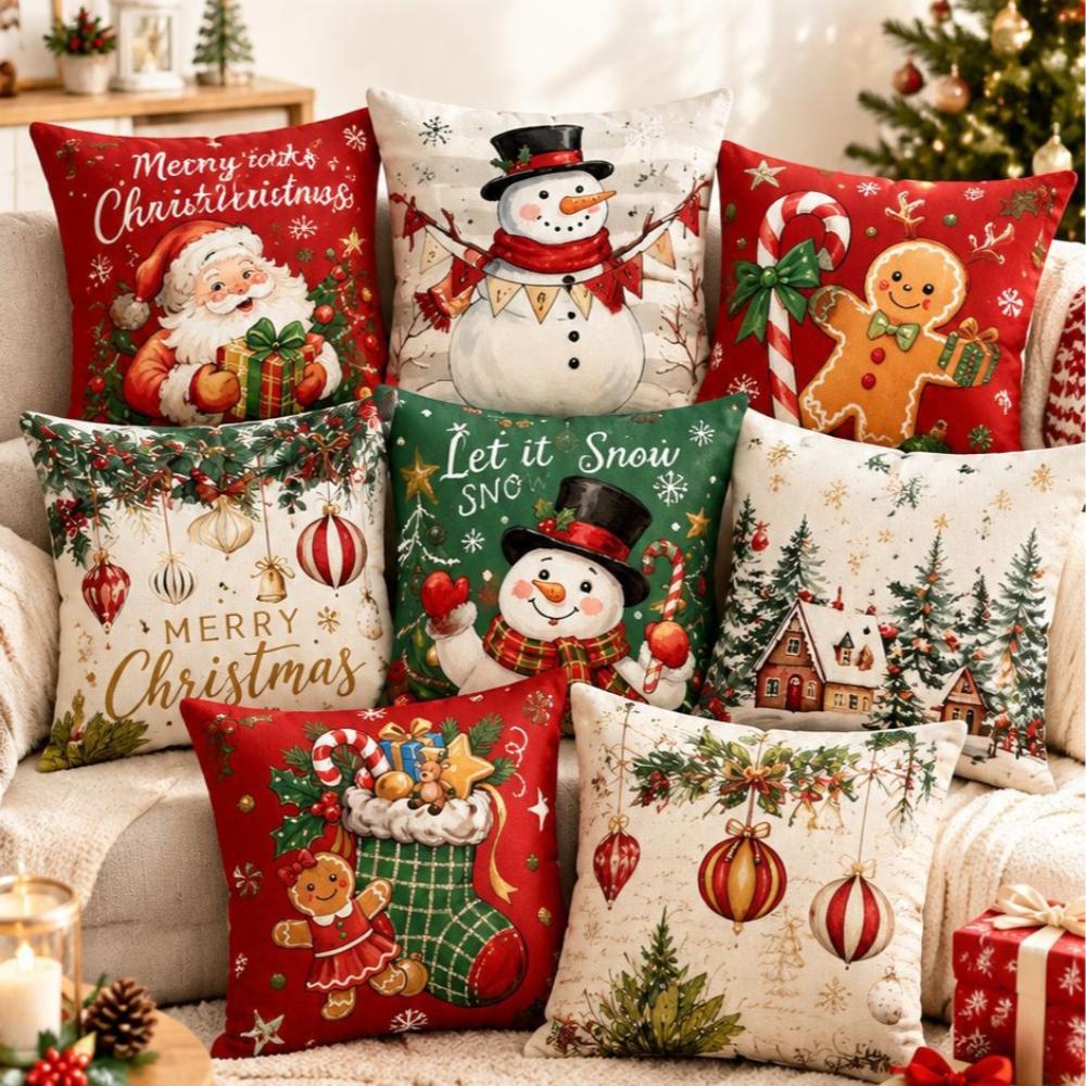 Christmas Theme Short Plush Pillow Cover Set Holiday Print Cushion Case for Living Room Sofa Home Decor 45x45cm
