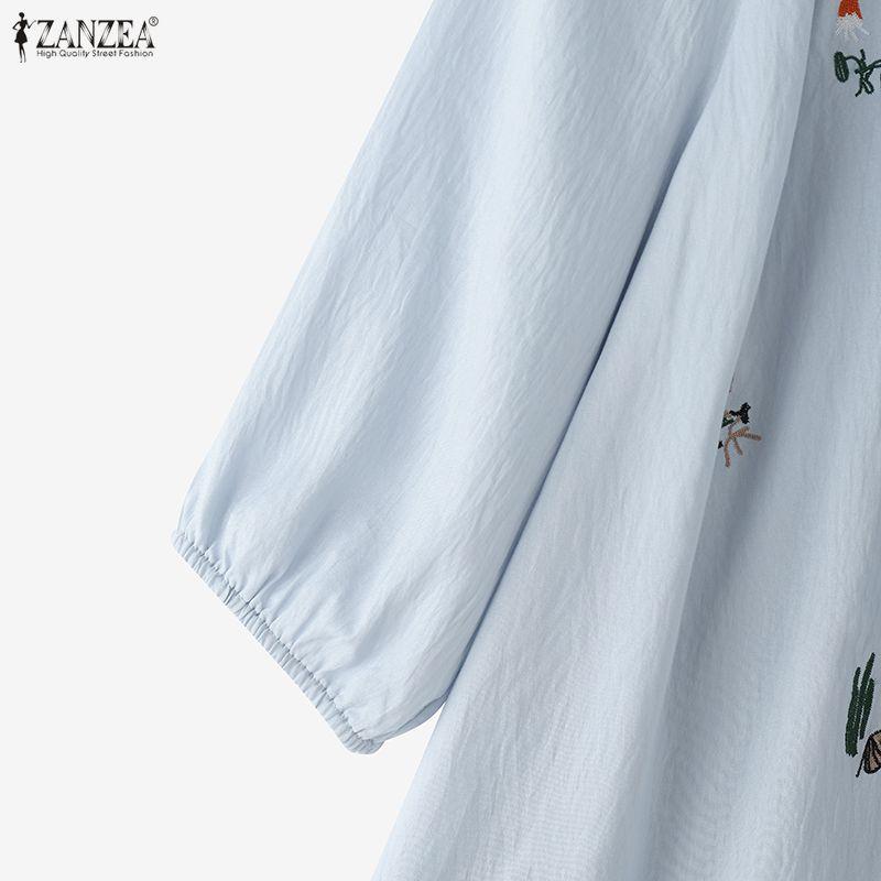 ZANZEA Women Casual Round Neck Summer 3/4 Sleeve Buttons Print Blouse