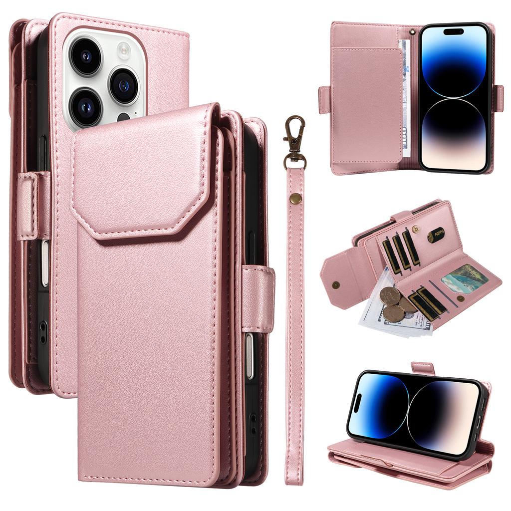 For iPhone 14 Pro Max Case with Multi-Card Holder and Strap PU Leather Phone Cover Stand