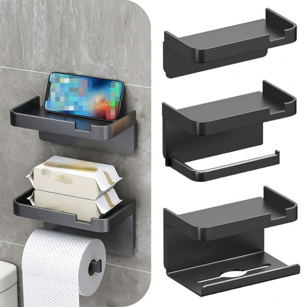 Étagère de Rangement pour Papier Toilette Murale Boîte à Mouchoirs Adhésive Sans Perçage Support pour Téléphone Portable Organisateur Double Usage Pour Salle de Bain