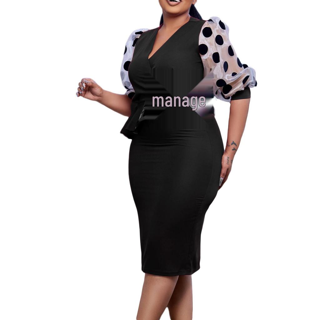 2024 Übergröße V-Ausschnitt Mesh-Patchwork Hohe Taille Elegantes Kleid