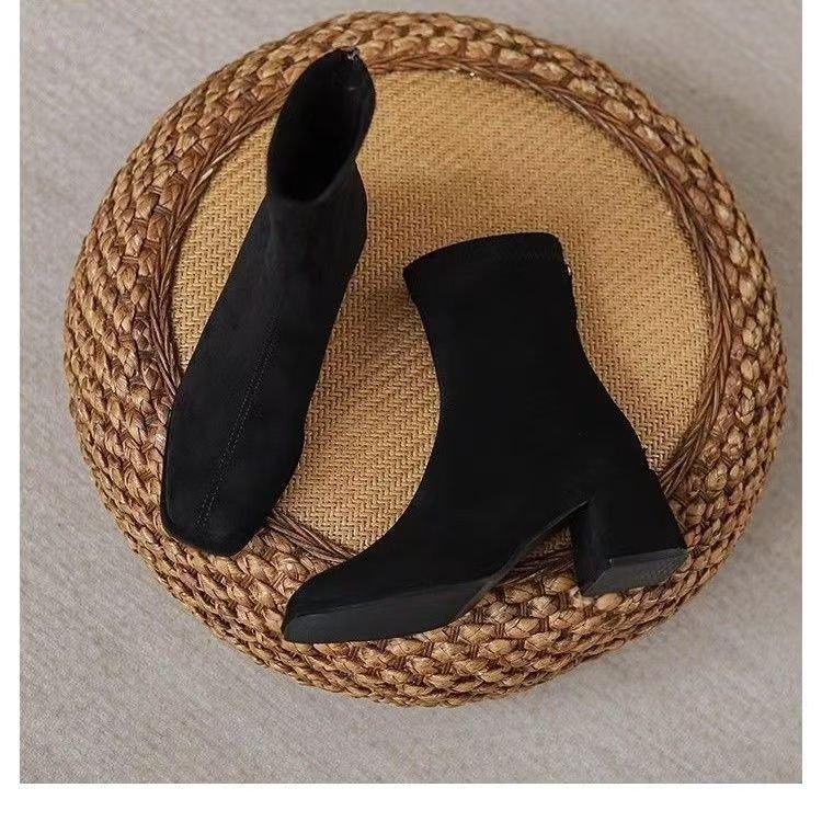 Kurzstiefel mit dickem Absatz, dünne Stiefel, Herbst und Winter, Stiefeletten mit eckigem Absatz, High Heels, Sockenstiefel, neue elastische Wildlederstiefel.