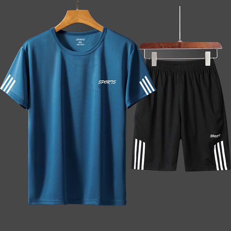 Men's Summer Gym Running Set: Loose-fit Quick-drying T-shirt with Round Neck and Printed Design.