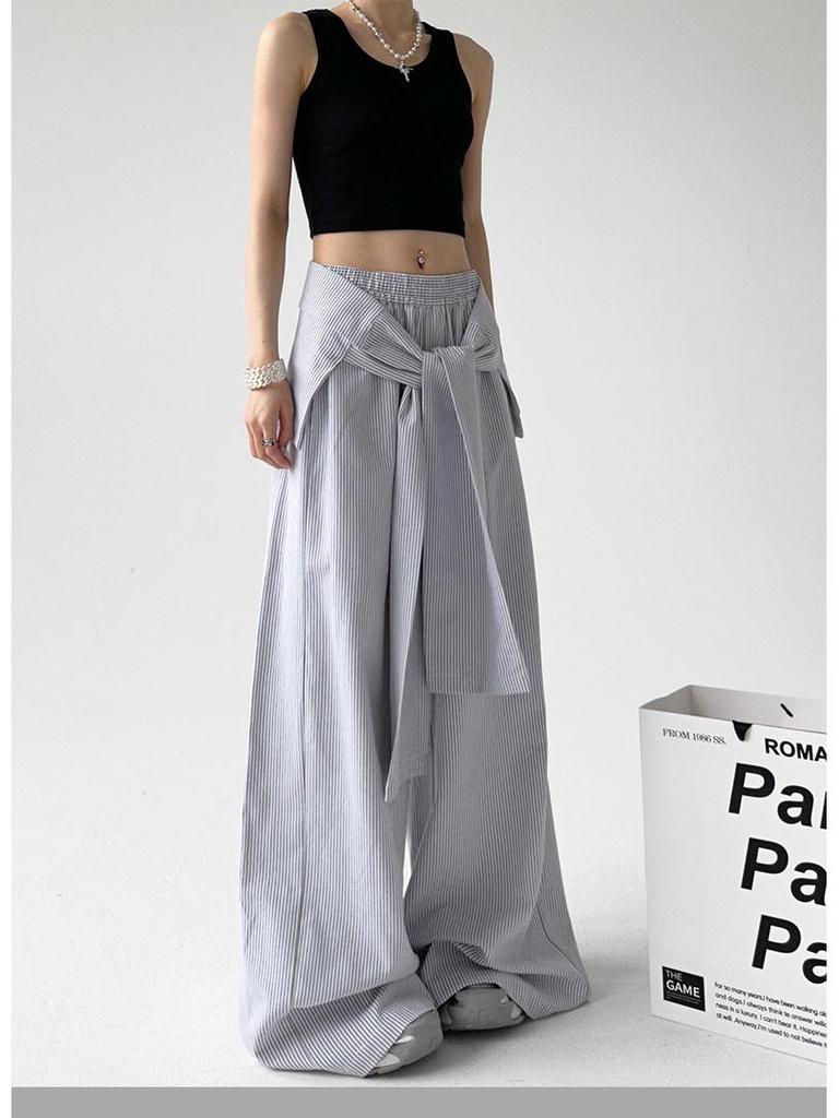 Fashionable Blue Striped High-Waisted Wide-Leg Pants with Lace-Up Waist, Perfect for Spring and Autumn, Available Now