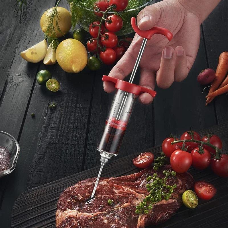 Vleesinjector Spuit met 3 Roestvrijstalen Naalden voor BBQ Grill Kalkoen Kip Marinade Smaak Injector Kit Kookgerei
