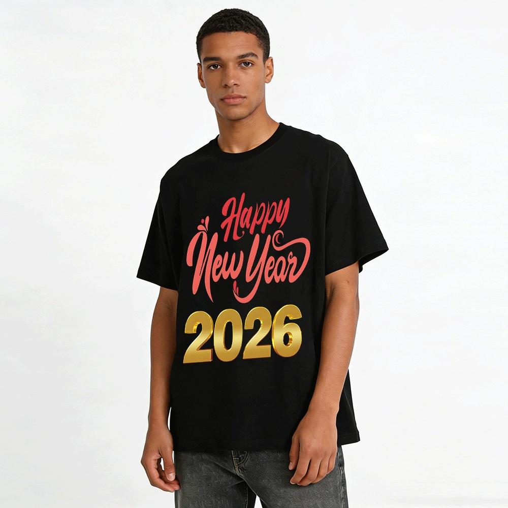Happy New Year 2026 Printed Casual Unisex Crewneck Top Pure cotton T-shirt
