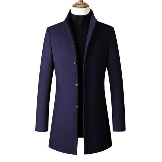 Men Fall Winter Trench Coat Stand Collar Single-breasted Straight Solid Color Long Sleeve Cardigan Thick Warm Pockets Mid Length Men Jacket