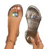 Summer new rhinestone pigeon egg one-character flat-bottomed large-size slippers women wear beach women's sandals