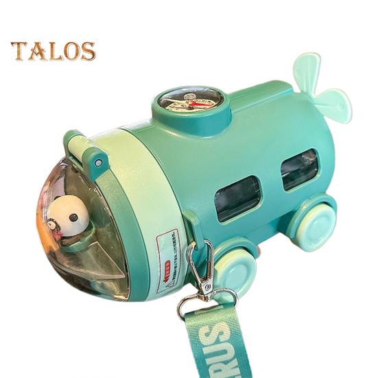 Cartoon Water Bottle with Straw & Strap 550ml Submarine Shape Sippy Cup for Kids Reusable Detachable Silicone Nozzle Water Cup for School Sports