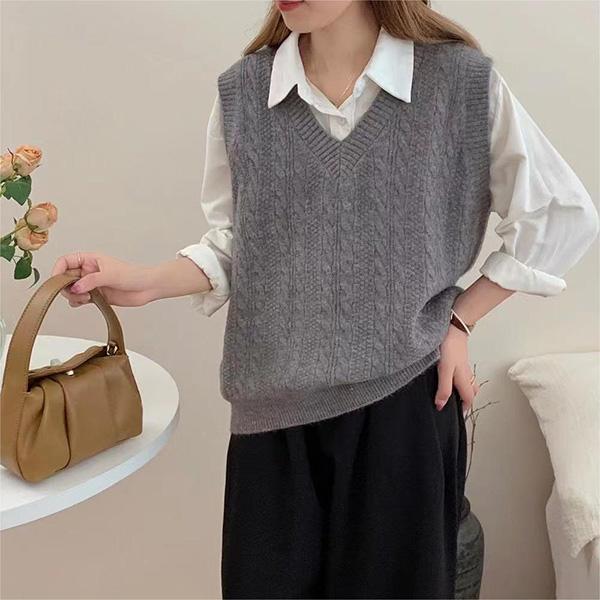 WTEMPO Preppy styl Bez rukávů Pleteniny Dámské Podzim Zima Jednobarevné Ležérní Svetry Výstřih do V Pletené Vesty