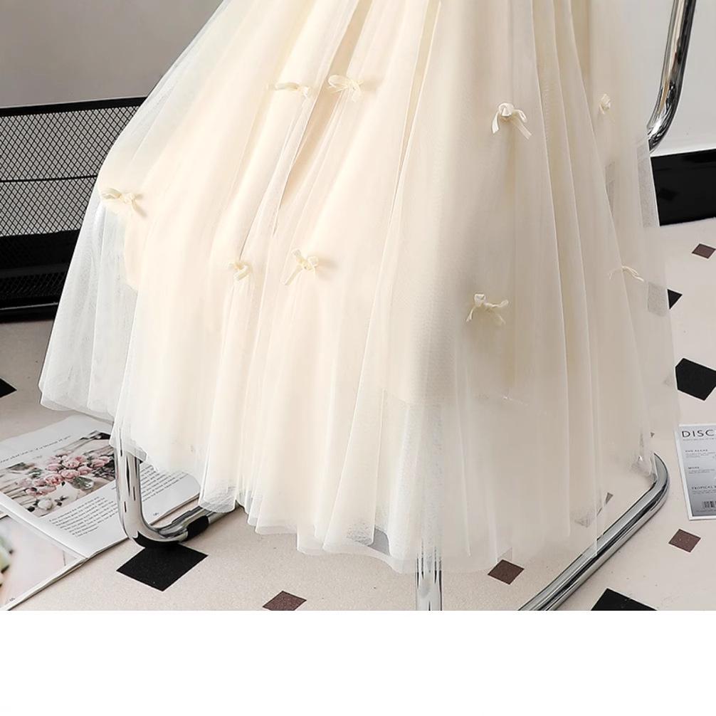 2023 Women's High-End Tulle A-Line Bowknot Midi Skirt for Spring and Autumn